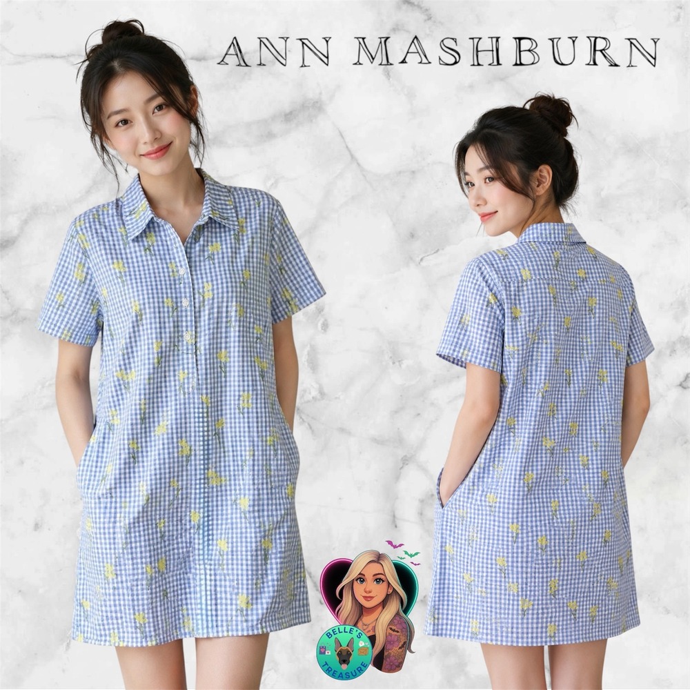 Ann Mashburn Women's Small Blue Gingham Floral Popover Shirt Dress Pockets Swish